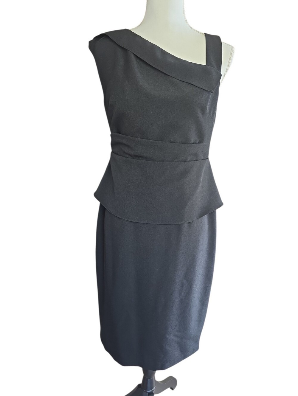 Adrianna Papell Asymmetric Neckline Peplum Dress Size 6 Black